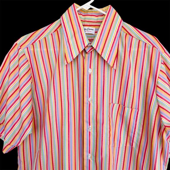 Vintage Elder Beerman 1960s 1970s Dagger Collar SS Striped Shirt Sz L 16 Mod - Picture 1 of 4
